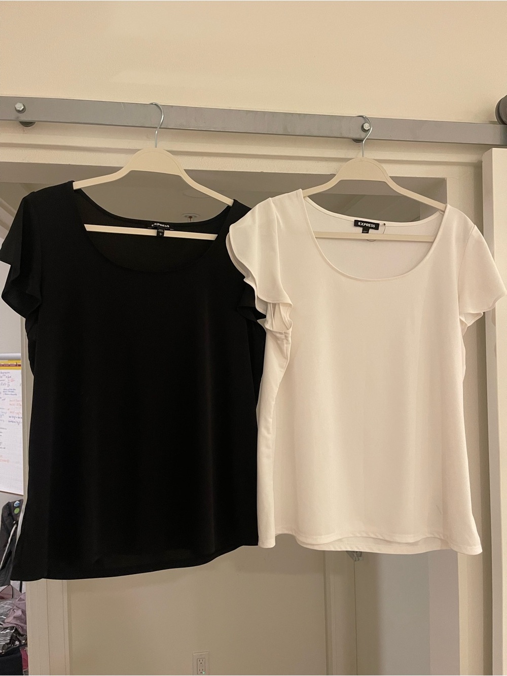 Express Women's Scoop Neck Flutter Sleeve Tops - Black and White